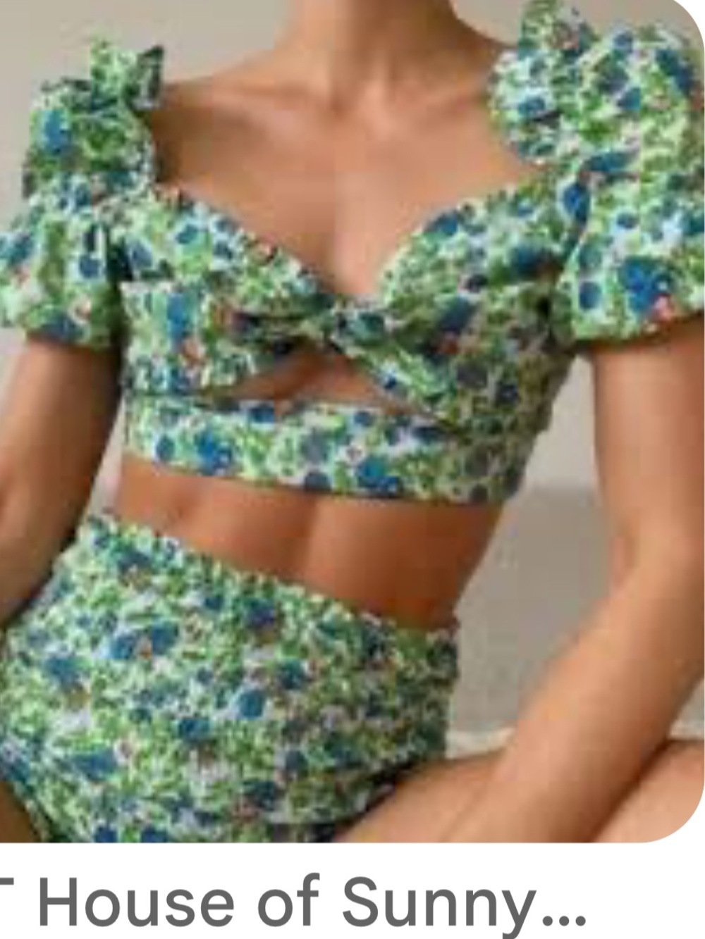House of Sunny Green and Blue Floral Puff-Sleeve Crop Top